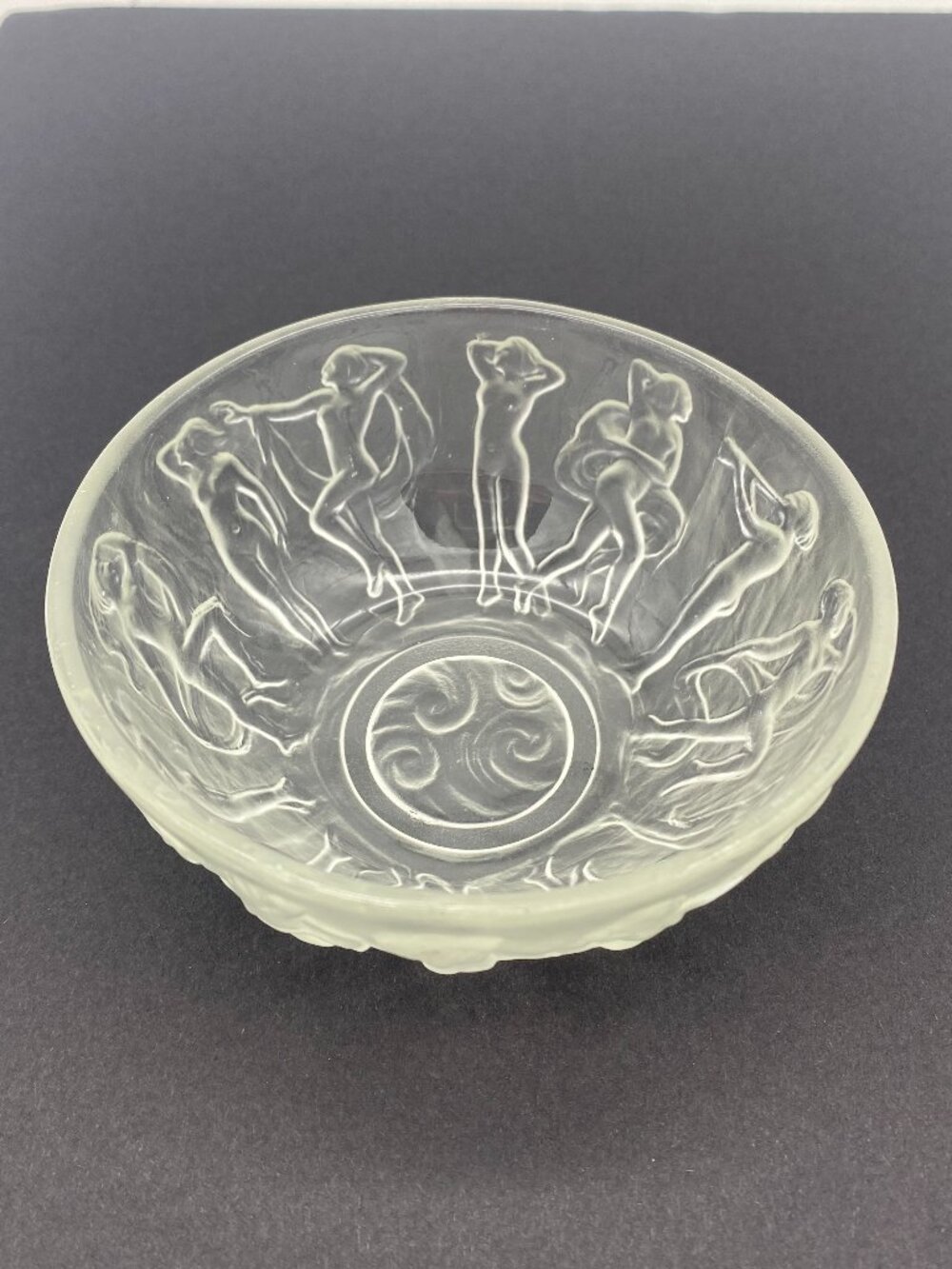Vintage Art Deco Frosted Glass BOWL with Dancing Nude Nymphs, Consolidated Glass
